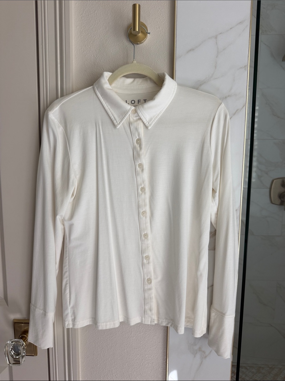 LOFT Cream Long-Sleeve Button Down Shirt